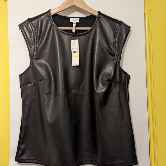 Laundry by Shelli Segal Black faux leather front, cap sleeve T NWT size M - Picture 1 of 6